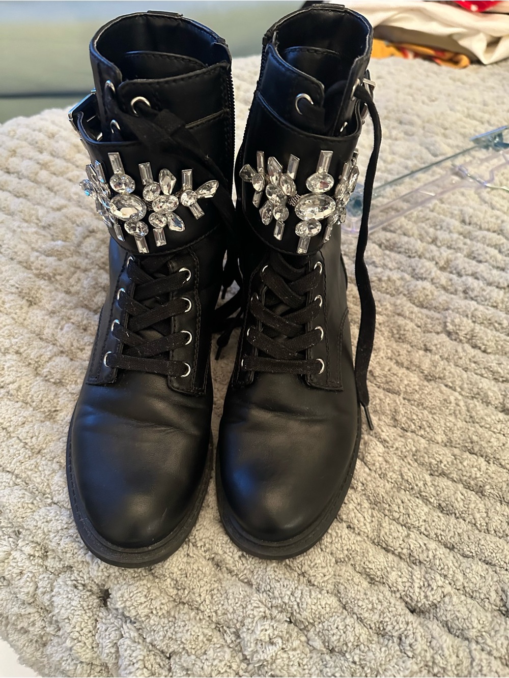Circus by Sam Edelman Black Lace-Up Combat Boots with Crystal Accents